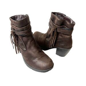 Born b.o.c Heeled Chunky Western Ankle Boot Womens 8M Brown Fabric Zip Up Casual